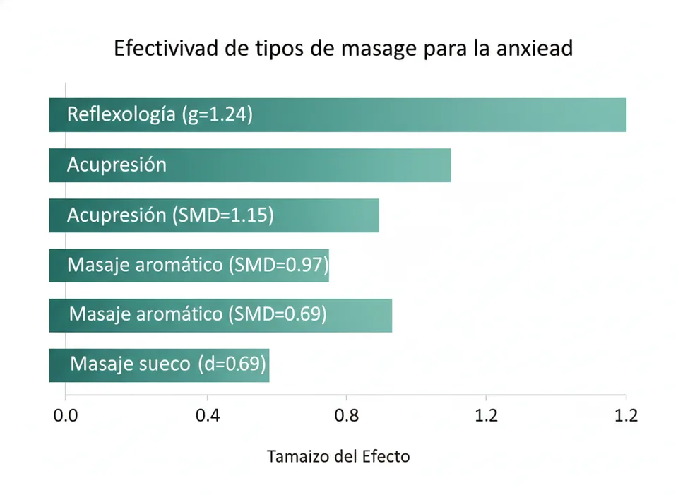 Gráfico comparativo: efectividad de tipos de masaje para la ansiedad — tamaños de efecto clínicos